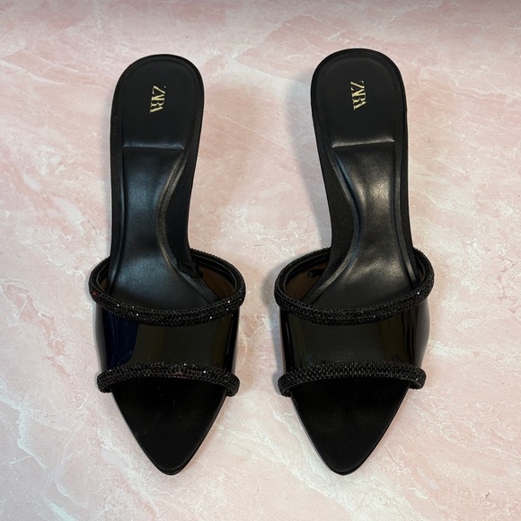 Zara Black Women's Heeled Mules patent leather & sequins - Picture 1 of 6